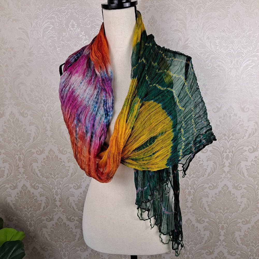 Indian Multi Color Silk Scarf Scrunched Texture Beaded Ends NWOT